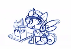 Size: 1105x763 | Tagged: safe, artist:zutcha, derpibooru import, princess flurry heart, alicorn, pony, clothes, female, food, french fries, hat, image, jpeg, mcflurry, open mouth, open smile, princess mcflurry, pun, shirt, simple background, sketch, smiling, solo, spread wings, visual pun, white background, wings