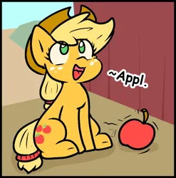 Size: 900x911 | Tagged: safe, artist:zutcha, derpibooru import, applejack, earth pony, pony, apple, appul, barn, cowboy hat, cute, female, food, hat, image, jackabetes, mare, misspelling, no pupils, open mouth, open smile, png, sitting, smiling, solo, stetson, that pony sure does love apples
