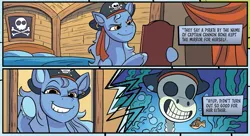 Size: 985x536 | Tagged: safe, derpibooru import, idw, my little pony: a new generation, spoiler:comic, spoiler:g5comic, bed, bone, captain cannon bone, comic, dark, death, g5, image, implied death, mirror, narration, pirate, pirate flag, pirate ship, png, skeleton, skull, smiling, text