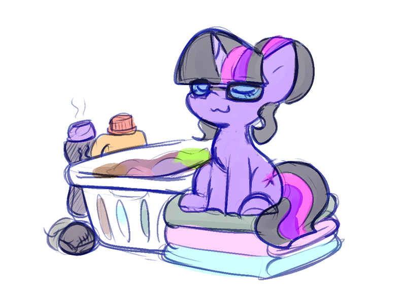 Size: 1106x799 | Tagged: safe, artist:zutcha, derpibooru import, sci-twi, twilight sparkle, pony, unicorn, :3, behaving like a cat, cute, eyes closed, glasses, image, laundry, laundry basket, png, simple background, sitting, solo, twiabetes, uwu, white background