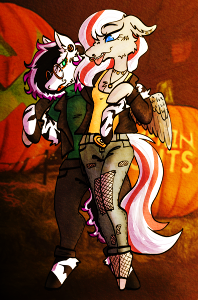 Size: 1796x2728 | Tagged: safe, derpibooru import, oc, oc:catalina fairchild, oc:misty breeze, unofficial characters only, anthro, pegasus, zebra, halloween, holiday, image, pegasus oc, png, wings, zebra oc