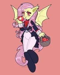 Size: 1602x2000 | Tagged: safe, artist:purring_cat, derpibooru import, fluttershy, anthro, bat pony, pegasus, pony, apple, bat ponified, cute, female, flutterbat, food, image, mare, pink hair, png, race swap, red eyes, solo, solo female, spread wings, wings