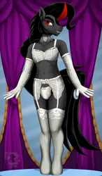 Size: 932x1595 | Tagged: suggestive, artist:quakehoof, derpibooru import, king sombra, anthro, unguligrade anthro, belly button, bra, choker, clothes, crossdressing, curtains, evening gloves, garter belt, girly, gloves, guardians of pondonia, image, lace, long gloves, looking at you, male, mirror, missing accessory, panties, png, socks, solo, solo male, stockings, stupid sexy sombra, sultry pose, thigh highs, underwear