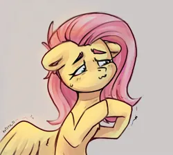 Size: 1200x1074 | Tagged: safe, artist:krista-21, derpibooru import, fluttershy, pegasus, pony, beige background, cute, female, floppy ears, hooves together, image, jpeg, looking away, mare, nervous, shyabetes, simple background, solo, sweat, sweatdrop