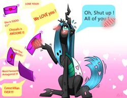 Size: 1954x1507 | Tagged: safe, artist:questionmarkdragon, derpibooru import, queen chrysalis, changeling, changeling queen, blushing, embarrassed, female, floppy ears, hoof hold, image, letter, png, solo, tsundalis, tsundere