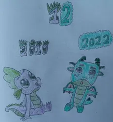 Size: 436x468 | Tagged: safe, artist:mr.myoozik, derpibooru import, sparky sparkeroni, spike, dragon, my little pony: a new generation, amazed, anniversary, anniversary art, baby, baby dragon, derpibooru exclusive, fire, g5, green eyes, green fire, green skin, horns, image, jpeg, looking up, male, male dragon, mlp fim's twelfth anniversary, numbers, outstretched arms, purple eyes, purple skin, scales, sitting, smoke, spread wings, text, traditional art, winged spike, wings