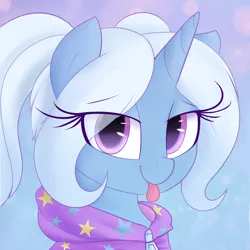 Size: 2000x2000 | Tagged: safe, artist:illusion, derpibooru import, trixie, pony, unicorn, :p, abstract background, alternate hairstyle, babysitter trixie, bedroom eyes, bust, clothes, cute, diatrixes, eye clipping through hair, female, gameloft interpretation, hoodie, image, looking at you, mare, png, portrait, tongue out