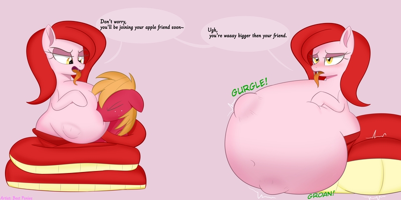 Size: 6002x3000 | Tagged: suggestive, artist:bestponies, derpibooru import, big macintosh, oc, oc:severus, monster pony, original species, pony, snake, snake pony, belly, belly bumps, belly button, big belly, blushing, digestion, female, female pred, fetish, huge belly, image, implied applejack, impossibly large belly, jpeg, mare, mare pred, multiple prey, oral vore, same size vore, struggling, vore