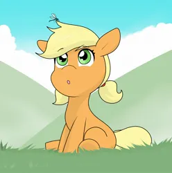 Size: 2022x2042 | Tagged: safe, artist:cyanrobo, derpibooru import, applejack, dragonfly, earth pony, insect, pony, female, filly, filly applejack, foal, image, jpeg, looking up, sailor moon, sitting, solo, younger