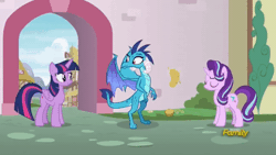 Size: 520x293 | Tagged: safe, derpibooru import, screencap, princess ember, starlight glimmer, twilight sparkle, twilight sparkle (alicorn), alicorn, dragon, pony, unicorn, three's a crowd, animated, confused, discovery family, discovery family logo, gif, image, logo, looking both ways