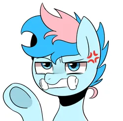 Size: 1873x1849 | Tagged: safe, artist:maren, derpibooru import, oc, oc:blue chewings, unofficial characters only, earth pony, pony, angry, bone, bust, chew toy, cross-popping veins, emanata, image, png, portrait, raised hoof, reaction image, simple background, solo, underhoof, white background