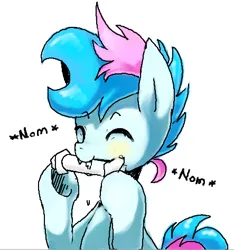 Size: 443x474 | Tagged: safe, artist:maren, derpibooru import, oc, oc:blue chewings, unofficial characters only, earth pony, pony, bust, chew toy, drool, eyes closed, image, nom, oekaki, png, simple background, solo, white background