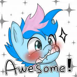 Size: 980x980 | Tagged: safe, artist:doubt, derpibooru import, oc, oc:blue chewings, unofficial characters only, earth pony, pony, awesome, blushing, bust, chew toy, image, jpeg, portrait, reaction image, solo, sparkles, text