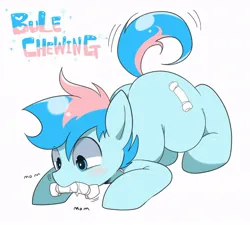 Size: 872x786 | Tagged: safe, artist:oniku, derpibooru import, oc, oc:blue chewings, unofficial characters only, earth pony, pony, behaving like a dog, blushing, chew toy, crouching, image, jpeg, simple background, solo, tail, tail wag, white background