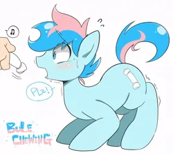 Size: 872x786 | Tagged: safe, artist:oniku, derpibooru import, oc, oc:blue chewings, unofficial characters only, earth pony, pony, behaving like a dog, blushing, chew toy, drool, hand, image, jpeg, offscreen character, open mouth, shivering, simple background, speech bubble, wavy mouth, white background