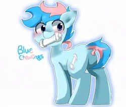 Size: 1023x869 | Tagged: safe, artist:gyaheung, derpibooru import, oc, oc:blue chewings, unofficial characters only, earth pony, pony, blushing, chew toy, image, jpeg, looking back, simple background, smiling, solo, white background