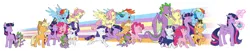 Size: 9684x1987 | Tagged: safe, artist:chub-wub, derpibooru import, applejack, fluttershy, pinkie pie, princess twilight 2.0, rainbow dash, rarity, spike, twilight sparkle, twilight sparkle (alicorn), alicorn, dragon, earth pony, pegasus, pony, unicorn, mlp fim's twelfth anniversary, the last problem, female, gigachad spike, image, jpeg, mane seven, mane six, mare, older, older applejack, older fluttershy, older mane seven, older mane six, older pinkie pie, older rainbow dash, older rarity, older spike, older twilight, sad, simple background, twilight will outlive her friends, white background, winged spike, wings