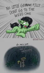 Size: 1241x2048 | Tagged: safe, artist:reddthebat, derpibooru import, oc, oc:anonfilly, oc:luftkrieg, ponified, unofficial characters only, earth pony, pegasus, pony, 2 panel comic, comic, dialogue, drugs, duo, female, filly, foal, image, jpeg, marijuana, open mouth, underhoof