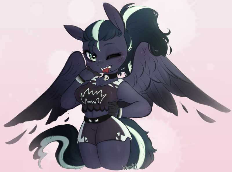 Size: 2122x1569 | Tagged: safe, artist:frigidmare, derpibooru import, oc, oc:arkessa, unofficial characters only, anthro, pegasus, clothes, fangs, female, image, lip piercing, piercing, png, ponytail, snake bites, solo, wings