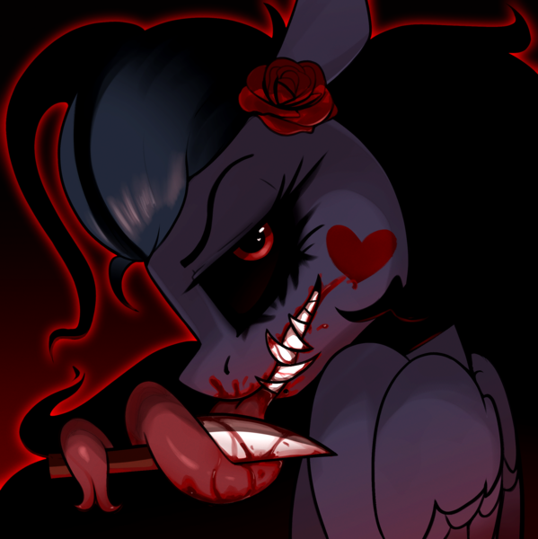 Size: 2207x2209 | Tagged: semi-grimdark, artist:arume_lux, derpibooru import, oc, oc:arkessa, demon, pony, fangs, female, flower, forked tongue, image, knife, long tongue, png, solo, tentacles, tongue holding, tongue out, wings