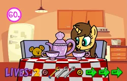 Size: 901x576 | Tagged: safe, artist:j.d. brony, derpibooru import, oc, oc:jenny, ponified, pony, unicorn, cup, female, flash game, food, image, mare, plushie, png, pookie, solo, tea, teacup, teddy bear, the impossible quiz