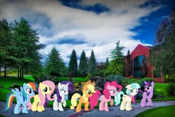 Size: 2048x1367 | Tagged: safe, derpibooru import, applejack, coco pommel, fluttershy, pinkie pie, rainbow dash, rarity, twilight sparkle, earth pony, pegasus, pony, unicorn, female, floppy ears, group, house, image, irl, jpeg, mane six, mare, open mouth, oregon, photo, ponies in real life, salem, smiling, tree, unicorn twilight