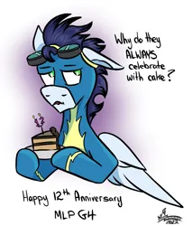 Size: 997x1169 | Tagged: safe, artist:whirlwindflux, derpibooru import, soarin', pegasus, pony, mlp fim's twelfth anniversary, cake, clothes, food, image, male, png, solo, stallion, uniform, wonderbolts uniform