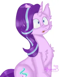 Size: 1531x1551 | Tagged: safe, artist:4agonism, derpibooru import, starlight glimmer, pony, unicorn, :o, cheek fluff, chest fluff, cute, ear fluff, female, glimmerbetes, image, looking offscreen, mare, open mouth, png, shoulder fluff, simple background, sitting, solo, white background