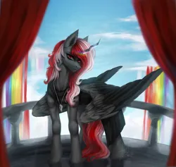 Size: 1872x1775 | Tagged: safe, artist:lynex_483, derpibooru import, oc, oc:skyshard, alicorn, pony, alicorn oc, balcony, black dress, black fur, blue sky, clothes, cloud, curtains, day, dress, front view, horn, image, jewelry, outdoors, pendant, png, rainbow, red eyes, red hair, red mane, red tail, serious, serious face, sky, solo, tail, wings