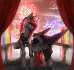 Size: 1872x1775 | Tagged: safe, artist:lynex_483, derpibooru import, oc, oc:skyshard, alicorn, pony, alicorn oc, balcony, black dress, black fur, clothes, cloud, curtains, dress, fireworks, front view, horn, image, jewelry, night, outdoors, pendant, png, rainbow, red eyes, red hair, red mane, red sky, red tail, serious, serious face, sky, solo, tail, wings