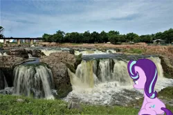 Size: 950x635 | Tagged: safe, artist:jaredking779, artist:slb94, derpibooru import, starlight glimmer, pony, unicorn, female, image, irl, jpeg, looking down, mare, photo, ponies in real life, sioux falls, sitting, solo, south dakota, water, waterfall