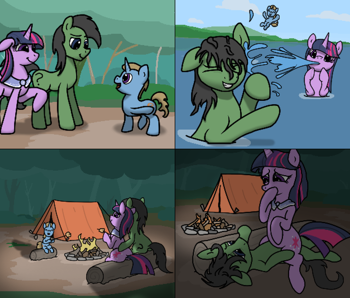 Size: 1242x1058 | Tagged: questionable, artist:realdash, derpibooru import, twilight sparkle, oc, oc:anon, oc:copper flare, earth pony, pony, unicorn, alternate timeline, alternate universe, butt, campfire, camping, canon x oc, colt, cowgirl position, cute, cute porn, earth pony oc, female, foal, food, forest, good clean married sex, image, jumping, lake, log, lying down, male, mare, marshmallow, milf, night, parent:anon, parent:twilight sparkle, plot, png, sex, shawl, smiling, softcore, spitting, stallion, stealth sex, swimming, tent, tree, twiabetes, unicorn twilight, water, wet