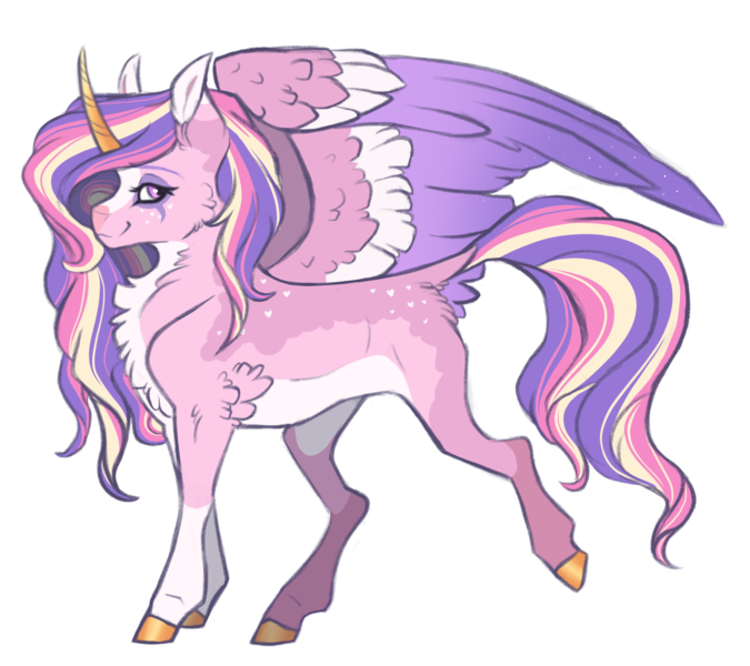 Size: 3346x2975 | Tagged: safe, artist:venommocity, derpibooru import, princess cadance, pony, alternate design, alternate hairstyle, chest fluff, coat markings, colored hooves, colored horn, colored wings, curved horn, dock, female, headcanon in the description, horn, image, mare, multicolored wings, pale belly, png, simple background, slim, socks (coat marking), solo, tail, transparent background, twitterina design, wings