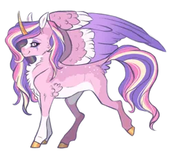 Size: 3346x2975 | Tagged: safe, artist:venommocity, derpibooru import, princess cadance, pony, alternate design, alternate hairstyle, chest fluff, coat markings, colored hooves, colored horn, colored wings, curved horn, dock, female, headcanon in the description, horn, image, mare, multicolored wings, pale belly, png, simple background, slim, socks (coat marking), solo, tail, transparent background, twitterina design, wings