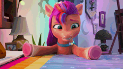 Size: 1273x716 | Tagged: safe, derpibooru import, screencap, sunny starscout, earth pony, pony, my little pony: make your mark, my little pony: make your mark chapter 2, animated, argyle starshine, bed, easel, female, floppy ears, g5, gif, hoof done it?, i watch it for the ears, image, lamp, mare, picture frame, sigh