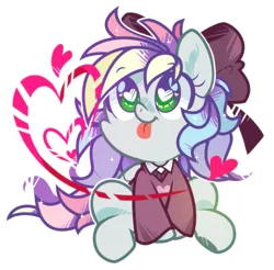 Size: 899x883 | Tagged: safe, artist:yokokinawa, derpibooru import, oc, oc:blazey sketch, unofficial characters only, pegasus, pony, :p, bow, chibi, clothes, grey fur, hair bow, heart, heart eyes, image, multicolored hair, png, simple background, sitting, small wings, solo, sweater, tongue out, white background, wingding eyes, wings