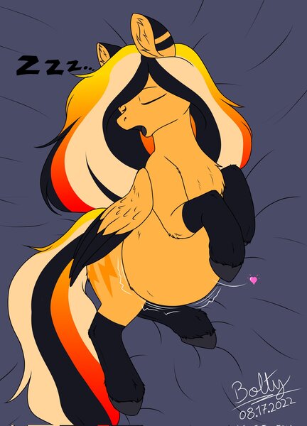 Size: 1476x2048 | Tagged: safe, artist:lightning bolty, derpibooru import, oc, oc:lightning bolty, unofficial characters only, pegasus, pony, abdominal bulge, bedsheets, belly, belly fluff, big belly, black insides, chest fluff, coat markings, colored, colored wings, cute, ear fluff, eyes closed, folded wings, gradient mane, gradient tail, heart, hooves, hooves on belly, image, jpeg, leg fluff, long mane, long mane male, long tail, lying down, male, missing accessory, multicolored hair, multicolored mane, multicolored tail, multicolored wings, onomatopoeia, open mouth, pegasus oc, post-vore, raised hoof, raised hooves, same size vore, side, signature, sleeping, socks (coat marking), soft vore, solo, sound effects, striped mane, striped tail, stuffed, stuffed belly, tail, two toned coat, two toned wings, unknown prey, unshorn fetlocks, vore, wiggling, wing fluff, wings, zzz