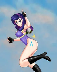 Size: 795x1005 | Tagged: suggestive, artist:gexth, derpibooru import, rarity, human, breasts, busty rarity, clothes, cloud, eyebrows, female, flying, grin, happy, humanized, image, jetpack, jpeg, leotard, looking at you, peace sign, sky, sky background, smiling, smiling at you, solo, solo female, stupid sexy rarity, thong leotard