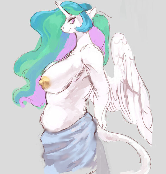 Size: 1024x1069 | Tagged: questionable, artist:jupiter-ponies, derpibooru import, princess celestia, alicorn, anthro, big breasts, breasts, clothes, colored sketch, female, gray background, image, jpeg, nipples, nudity, partial nudity, plump, profile, simple background, sketch, small head, solo, solo female, topless