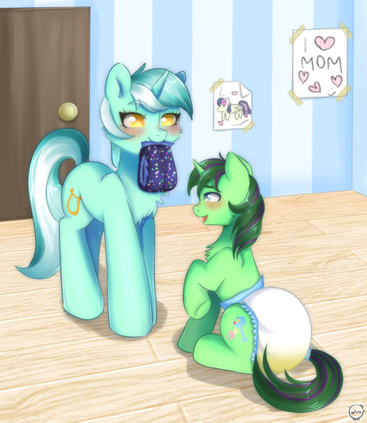 Size: 1945x2242 | Tagged: questionable, artist:vaiola, derpibooru import, lyra heartstrings, oc, oc:wub wub, pony, unicorn, advertisement, big eyes, blushing, chest fluff, commission, cute, cutie mark, diaper, diaper change, diaper fetish, door, duo, eyebrows, family, female, fetish, floor, full body, happy, horn, image, male, mare, messy diaper, mother and child, mother and son, non-baby in diaper, parent:lyra heartstrings, png, poofy diaper, poster, room, shy, simple background, sitting, tail, urine, wholesome, ych result