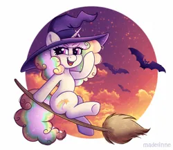 Size: 2400x2084 | Tagged: safe, artist:madelinne, derpibooru import, oc, unofficial characters only, bat, pony, unicorn, broom, commission, female, flying, flying broomstick, halloween, hat, holiday, image, male, mare, night, png, simple background, solo, stallion, white background, witch, witch hat, ych result, your character here