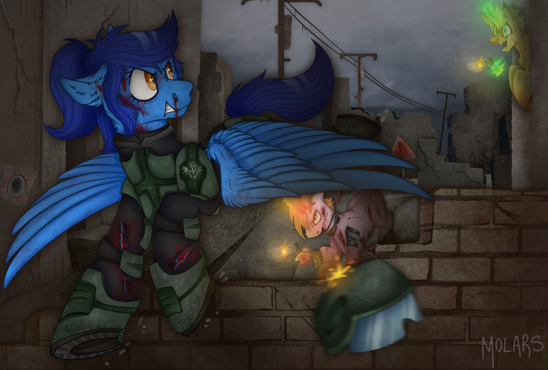 Size: 2100x1420 | Tagged: semi-grimdark, artist:molars, derpibooru import, pinkie pie, oc, oc:amber steel, unofficial characters only, pegasus, pony, unicorn, fallout equestria, angry, armor, ashes town, blood, boots, clothes, colored hooves, cut, detailed background, digital art, flying, gun, helmet, image, insane smile, insanity, jumping, levitation, magic, ministry mare, muzzle flash, nosebleed, pinkie pie is watching you, png, poster, raider, raider armor, raiders, roadsign, scar, shoes, smiling, street sign, telekinesis, telephone pole, underhoof, unshorn fetlocks, wasteland, weapon