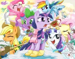 Size: 500x390 | Tagged: artist needed, safe, derpibooru import, applejack, derpy hooves, fluttershy, pinkie pie, rainbow dash, rarity, twilight sparkle, twilight sparkle (alicorn), alicorn, dragon, earth pony, pegasus, pony, rabbit, unicorn, winter wrap up, animal, clothes, female, freckles, image, jpeg, mare, my little pony, one eye closed, open mouth, scarf, unicorn twilight, winter wrap up vest