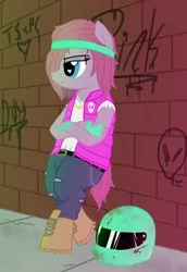 Size: 1476x2140 | Tagged: safe, artist:legendoflink, derpibooru import, pinkie pie, earth pony, pony, biker, bipedal, bipedal leaning, blood, clothes, crossed arms, female, fingerless gloves, gloves, graffiti, hair covering face, helmet, hotline miami, image, leaning, mare, one eye covered, pinkamena diane pie, pinktober, png, solo, sweatband, vest