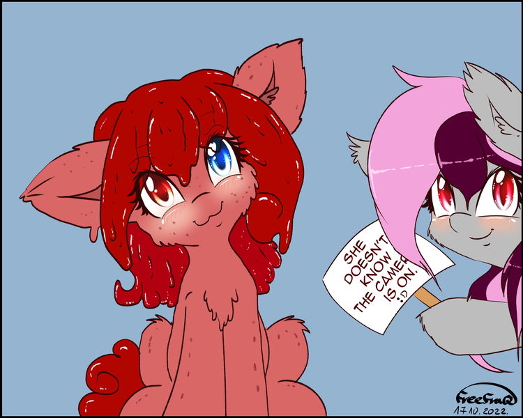 Size: 2500x2000 | Tagged: safe, artist:freefraq, derpibooru import, oc, oc:cherry slime, oc:lilac san, bat pony, goo, goo pony, original species, pony, blushing, cute, image, png