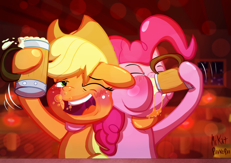 Size: 1754x1240 | Tagged: safe, artist:mrkat7214, derpibooru import, applejack, pinkie pie, earth pony, pony, blushing, bubble, cider, drinking, drunk, duo, female, foam, image, jpeg, mare, messy drinking, mug, open mouth, stein