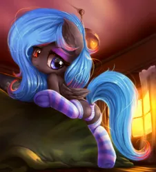 Size: 1221x1351 | Tagged: suggestive, artist:darkstylerz, derpibooru import, oc, oc:midnight bloom, unofficial characters only, pegasus, pony, bed, clothes, commission, female, image, jpeg, mare, panties, socks, striped socks, striped underwear, underwear, ych result