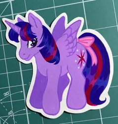 Size: 1960x2048 | Tagged: safe, artist:rozmed, derpibooru import, twilight sparkle, twilight sparkle (alicorn), alicorn, pony, bow, female, g1, g4, g4 to g1, generation leap, gouache, image, irl, jpeg, looking at you, mare, painting, photo, smiling, solo, spread wings, standing, tail, tail bow, traditional art, wings