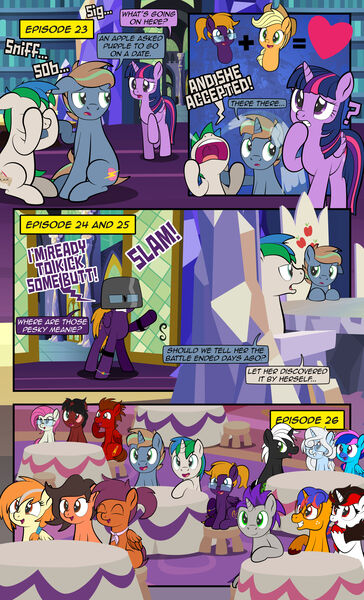 Size: 1920x3168 | Tagged: safe, artist:alexdti, derpibooru import, applejack, twilight sparkle, twilight sparkle (alicorn), oc, oc:brainstorm (alexdti), oc:freako, oc:purple creativity, oc:slide fortissimo, oc:star logic, oc:vee, alicorn, pony, comic:quest for friendship, female, image, jpeg, mare