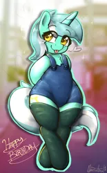 Size: 2192x3544 | Tagged: safe, artist:llametsul, derpibooru import, lyra heartstrings, pony, unicorn, :p, bipedal, blurry background, blushing, chest fluff, clothes, colored sketch, happy birthday, heart, image, png, sketch, socks, solo, stockings, thigh highs, tongue out